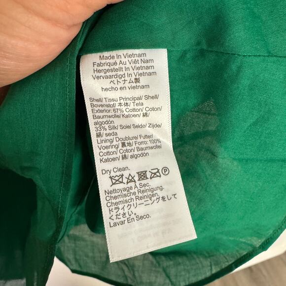 Madewell Bubble Sleeve Top Sz 8 Verdant Green Cotton Silk Split V-Neck Pullover - Picture 7 of 8